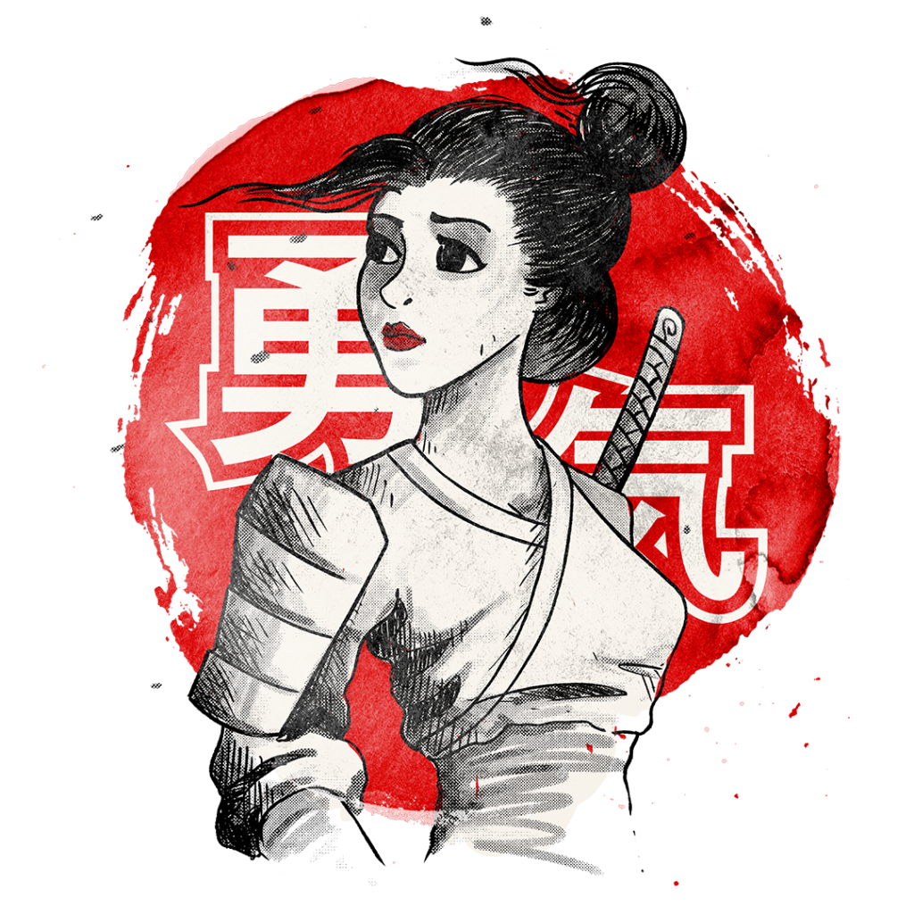 An illustration of a female samurai in traditional armor with a katana on her back, set against a bold red circular background featuring Japanese kanji characters.