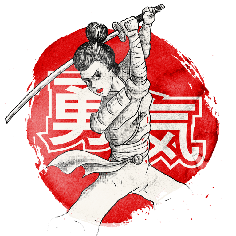 An illustration of a samurai warrior, wielding a raised katana, set against a bold red circular background with Japanese kanji characters.