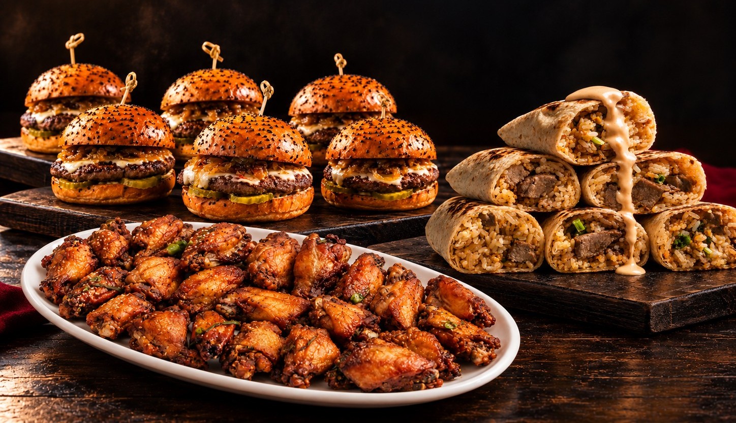 Cinematic Burger, Burrito, and Wings Feast